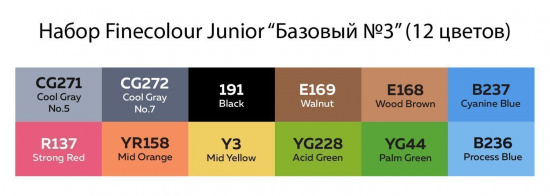 Набор спиртовых маркеров "Finecolour Junior" 12 цветов в пенале Базовый №3